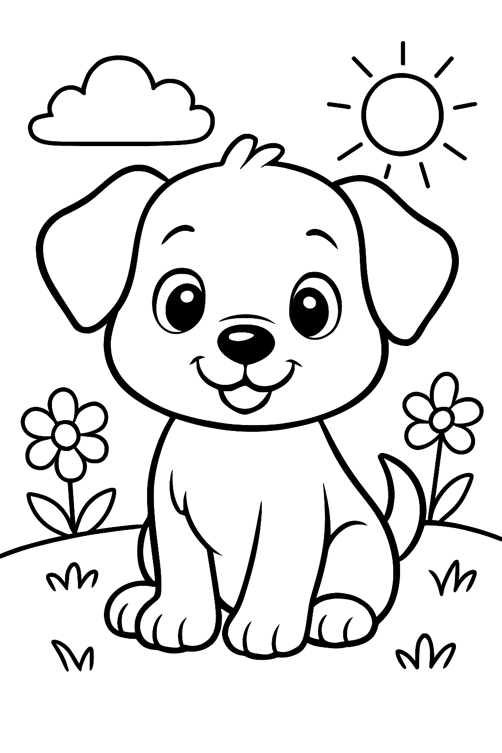 A line-art style puppy coloring page preview