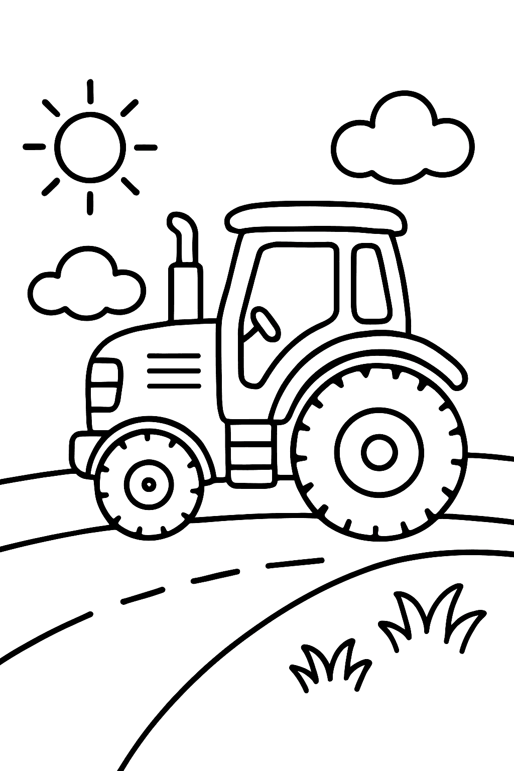 A line-art style tractor on road coloring page preview