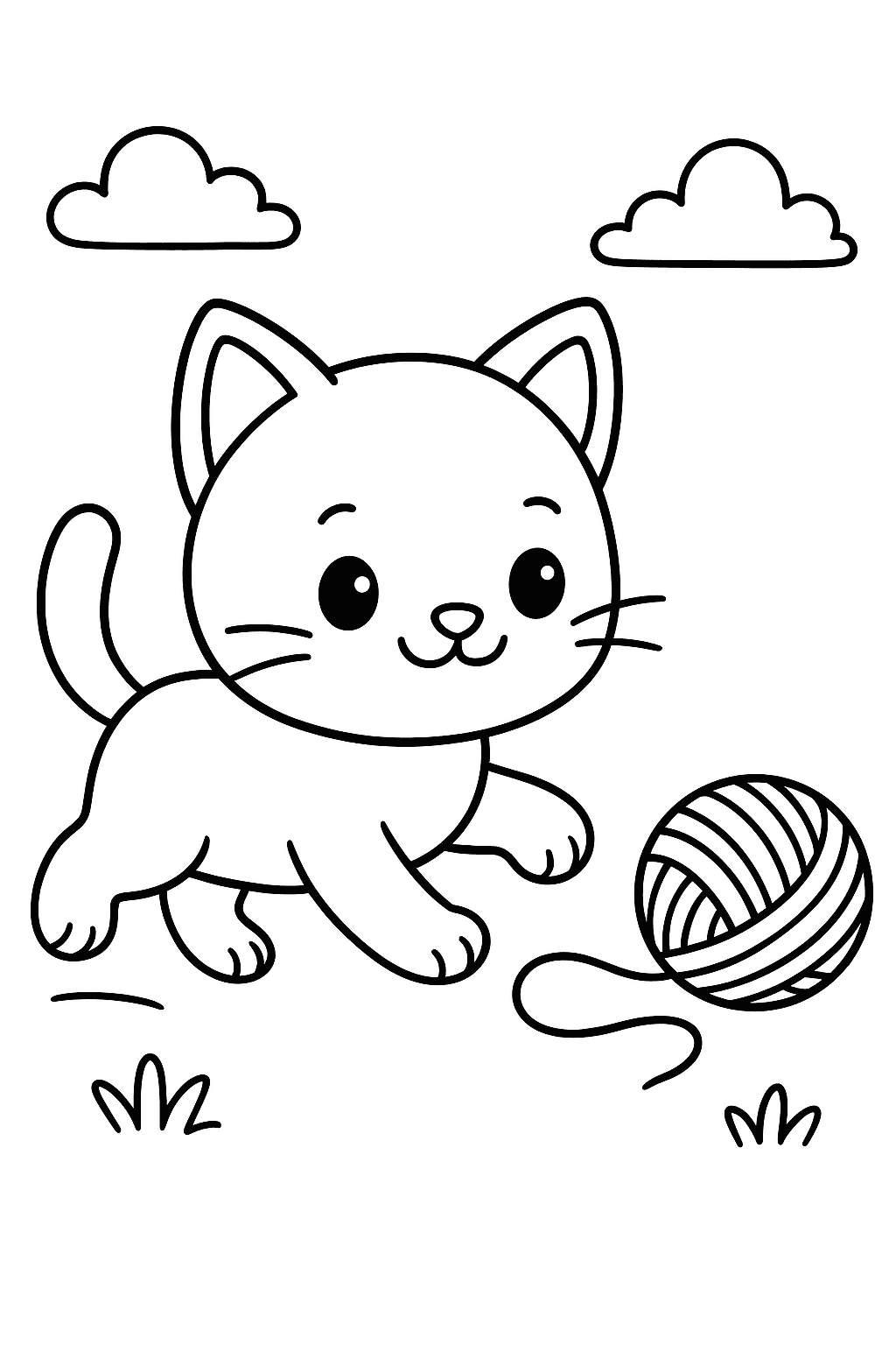 A line-art style cat playing with ball coloring page preview